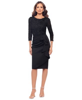 XSCAPE - Women's Long-Sleeve Ruffled Lace Midi Dress