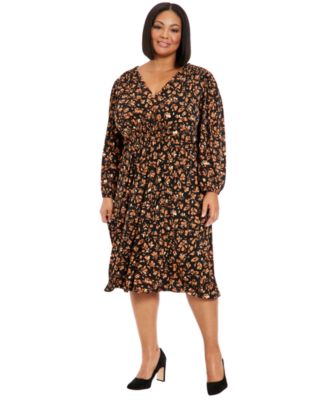 London Times - Plus Size Printed V-Neck Long-Sleeve Dress