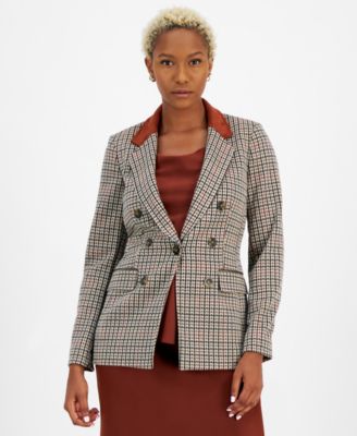Bar III - Women's Plaid Contrast-Collar Faux-Double-Breasted Blazer