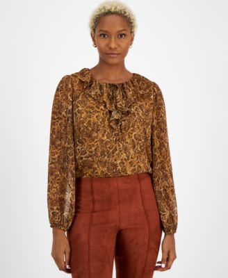 Bar III - Women's Printed Ruffle-Neck Long-Sleeve Blouse