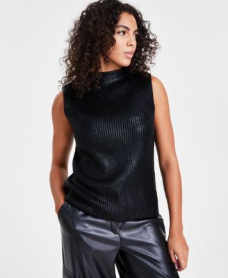 Bar III - Women's Coated Knit Funnel-Neck Sleeveless Sweater