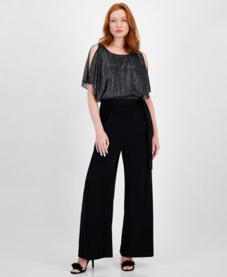 Connected - Petite Metallic-Overlay Wide-Leg Jumpsuit