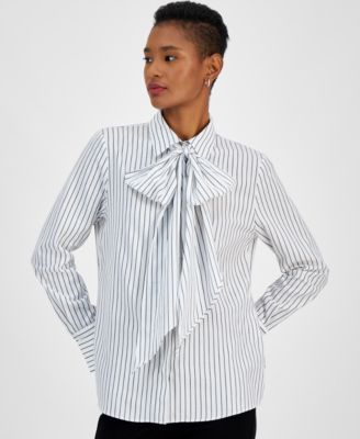 HUGO - Women's Ediora Cotton Striped Bow-Neck Blouse