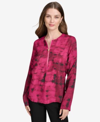 Halston - Women's Printed Front-Zip Side-Slit Top