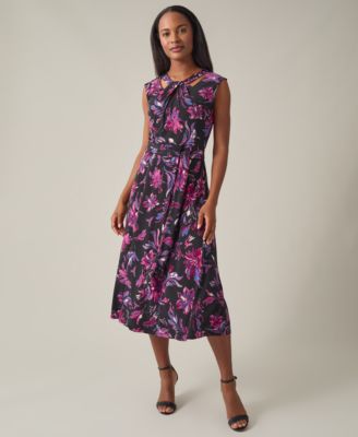 Kasper - Women's Printed Twist-Neck Extended-Cap-Sleeve Dress