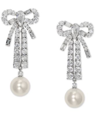 Eliot Danori - Rhodium-Plated Cubic Zirconia & Imitation Pearl Linear Drop Earrings