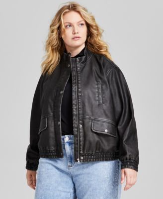 And Now This - Trendy Plus Size Faux-Leather Bomber Jacket