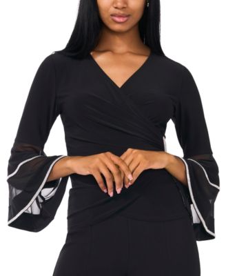 MSK - Petite Surplice-Neck Flare-Sleeve Embellished Top