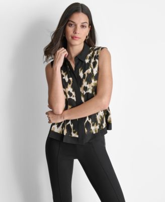 DKNY - Women's Printed Sleeveless Button-Front Blouse