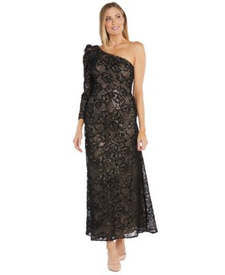 R & M Richards - Women's One-Long-Sleeve Floral-Lace Sequin Gown