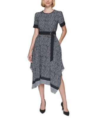 KARL LAGERFELD PARIS - Women's Handkerchief-Hem Belted Dress