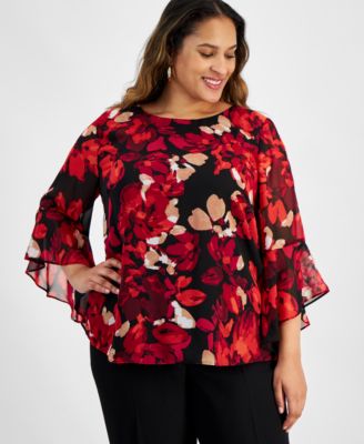 Kasper - Plus Size Floral-Print Bell-Sleeve Scoop-Neck Top