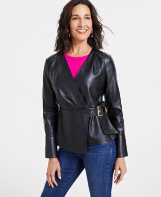 I.N.C. International Concepts - Women's Faux-Leather Long-Sleeve Wrap Top