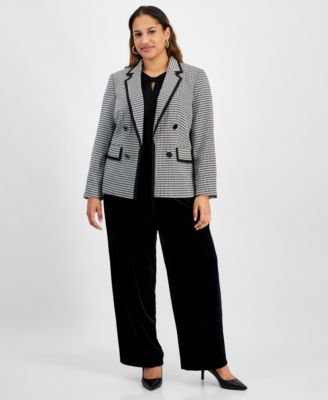Kasper - Plus Size Faux Double-Breasted Houndstooth Blazer