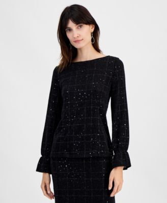 Kasper - Women's Boat-Neck Long-Sleeve Plaid Sequin Top