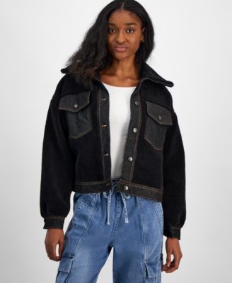 Madden Girl - Juniors' Denim-Trim Sherpa Fleece Jacket
