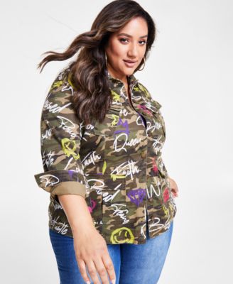 Nina Parker - Trendy Plus Size Cotton Camouflage Affirmation Button-Front Jacket