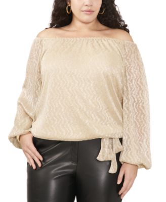 Vince Camuto - Plus Size Off-The-Shoulder Tie-Hem Bubble-Sleeve Metallic Blouse