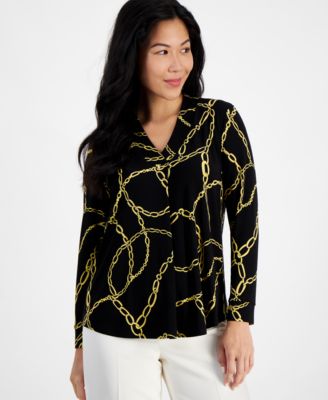 AK Anne Klein - Petite V-Neck Chain-Print Blouse