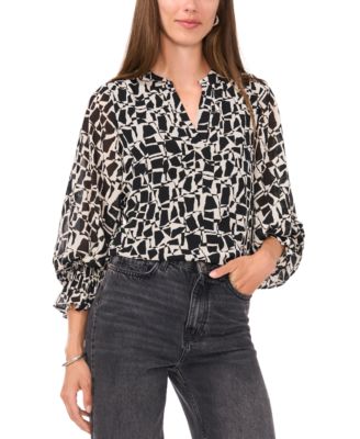 Vince Camuto - Women's Geo-Print Split-Neck Smocked-Cuff Blouse