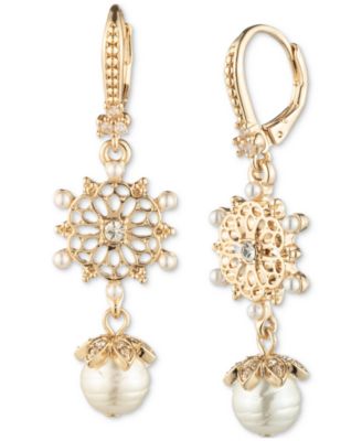 Marchesa - Gold-Tone Imitation Pearl & Crystal Filigree Leverback Drop Earrings