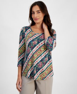 JM Collection - Petite Tapestry 3/4-Sleeve Top