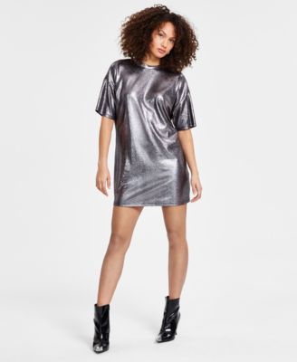 Bar III - Women's Foil-Jacquard Crewneck T-Shirt Dress