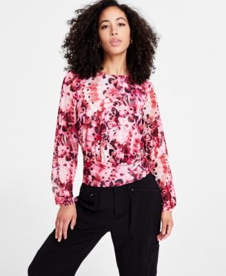 Bar III - Women's Printed Crewneck Long-Sleeve Mesh Top