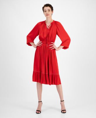 T Tahari - Women's Split-Neck 3/4-Sleeve Tiered Dress