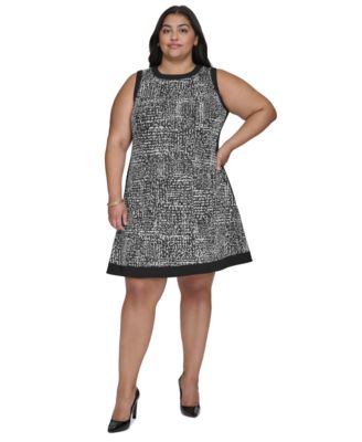 DKNY - Plus Size Contrast-Trim Printed Sleeveless Dress
