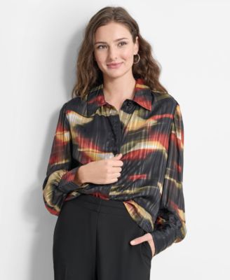 DKNY - Women's Abstract-Print Shimmering Long-Sleeve Blouse