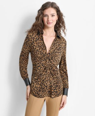 DKNY - Women's Animal-Print Knot-Front Faux-Leather-Trimmed Collared Top