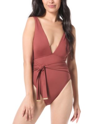 Vince Camuto - Women's Side-Tie-Belt Plunge-Neck One-Piece Swimsuit