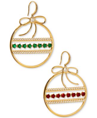 AJOA - Gold-Tone Green & Red Stone Ornament Front Facing Hoop Drop Earrings