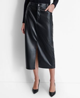 DKNY - Women's Faux-Leather Midi Slit-Front Skirt