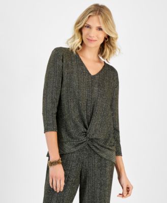JM Collection - Women's Shimmering Twist-Front V-Neck Top