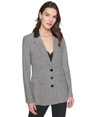 KARL LAGERFELD PARIS - Women's Plaid Faux-Leather-Collar Button-Down Jacket