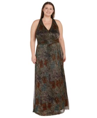 R & M Richards - Plus Size Pleated Metallic Halter Gown