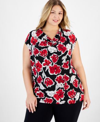 Kasper - Plus Size Floral-Print Cap-Sleeve Cowlneck Top