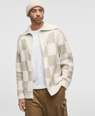 Mode of One - Men's Long-Sleeve Faux-Sherpa Checkerboard Cardigan
