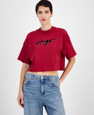 HUGO - Women's Cotton Script-Logo Crewneck Cropped T-Shirt