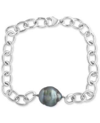 EFFY Collection - Black Tahitian Baroque Pearl (12mm) Oval Link Chain Bracelet in Sterling Silver