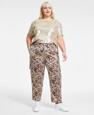 Bar III - Trendy Plus Size Cheetah-Print Shine Cargo Satin Pants