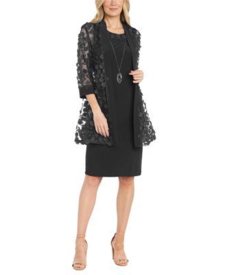 R & M Richards - Petite 3D Floral Mesh Jacket & Necklace Dress Set