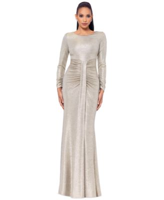 Betsy & Adam - Women's Metallic Draped Long-Sleeve Gown