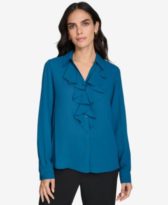 Calvin Klein - Women's Ruffle-Front Long-Sleeve Blouse