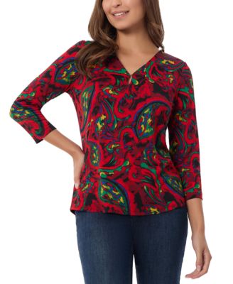 Jones New York - Petite Printed Keyhole 3/4-Sleeve Top