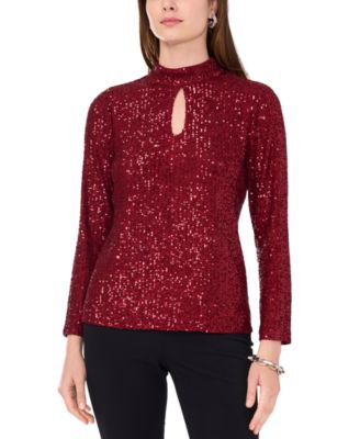MSK - Women's Sequin Keyhole-Neck Long-Sleeve Top