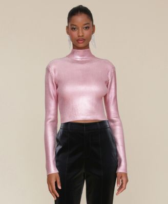 Avec Les Filles - Women's Metallic-Rib Knit Mock-Neck Sweater Top