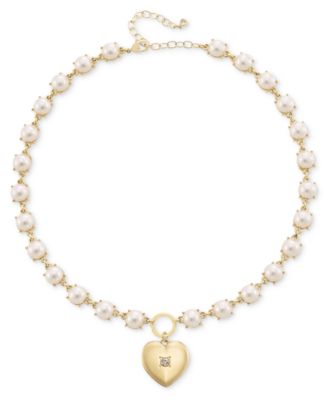 On 34th - Gold-Tone Pav&eacute; Heart Imitation Pearl Pendant Necklace, 16" + 3" extender